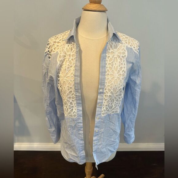 Sandro Blue White Strip Lace Insert Long Sleeve Button Down Blouse Shirt size 2 - Picture 2 of 15